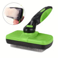 Green and black pet grooming brush with close-up inset showing use on a white background