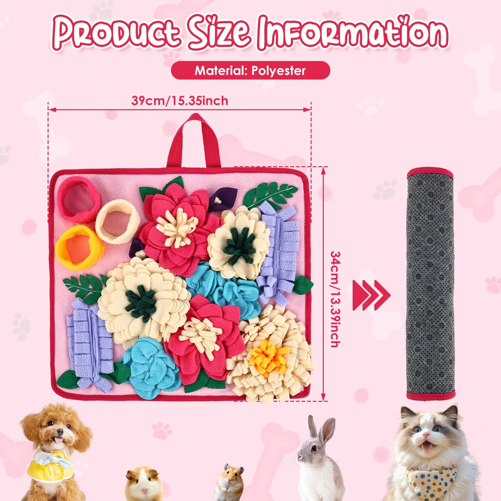 Pet Snuffle Mat Polyester Skin Friendly and Soft Dog Snuffle Toy with Handle Non Slip Pet Slow Feeding Mat Pet Supplies 39x34 CM
